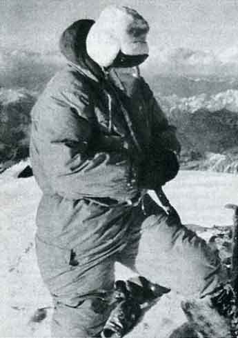 
Achille Compagnoni on K2 summit July 31, 1954 still wearing his oxygen mask - The Mountains Of My Life book
